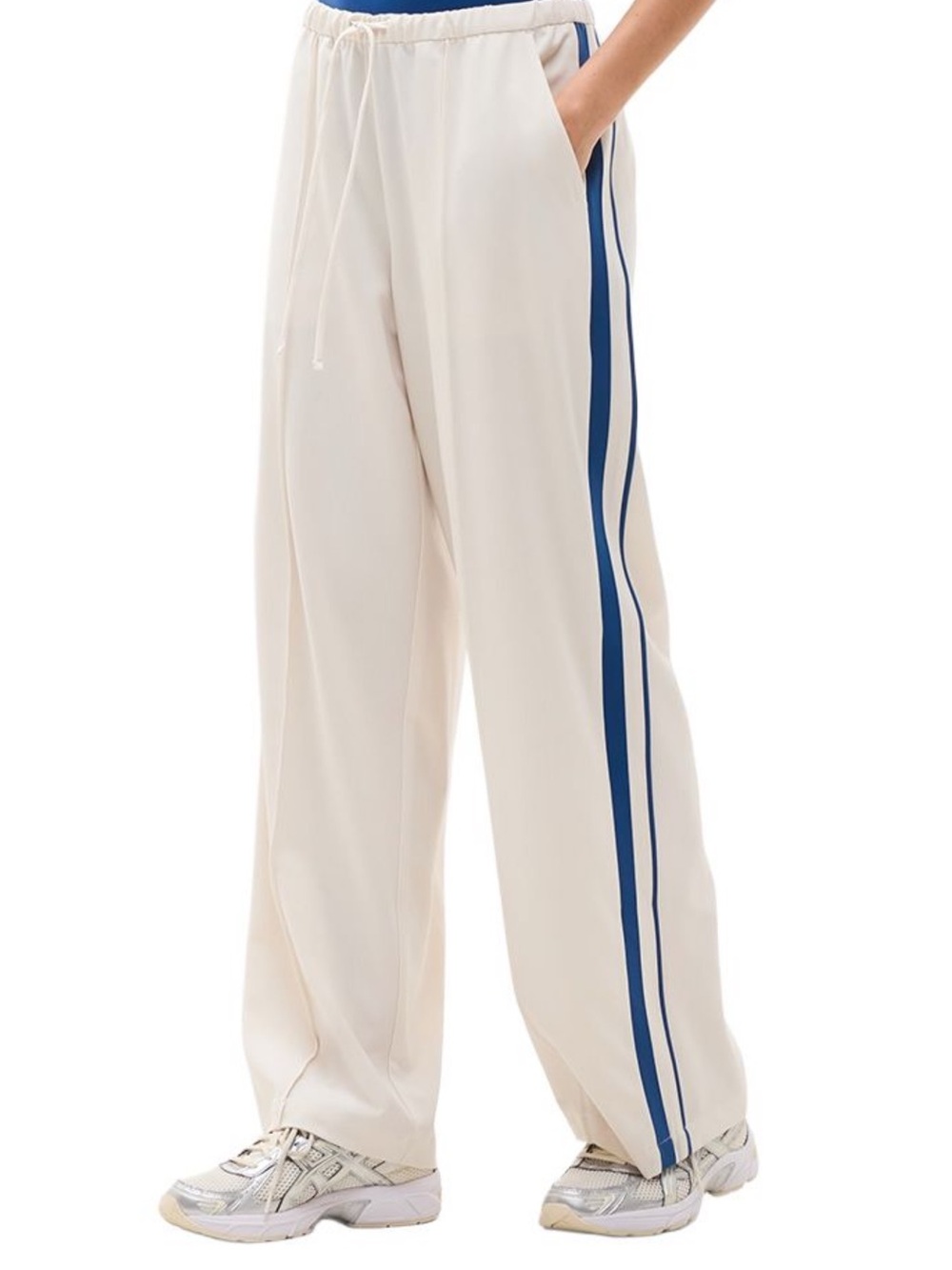 Athleta MVP Cream Wide-Leg Track Pants with Navy Side Stripes